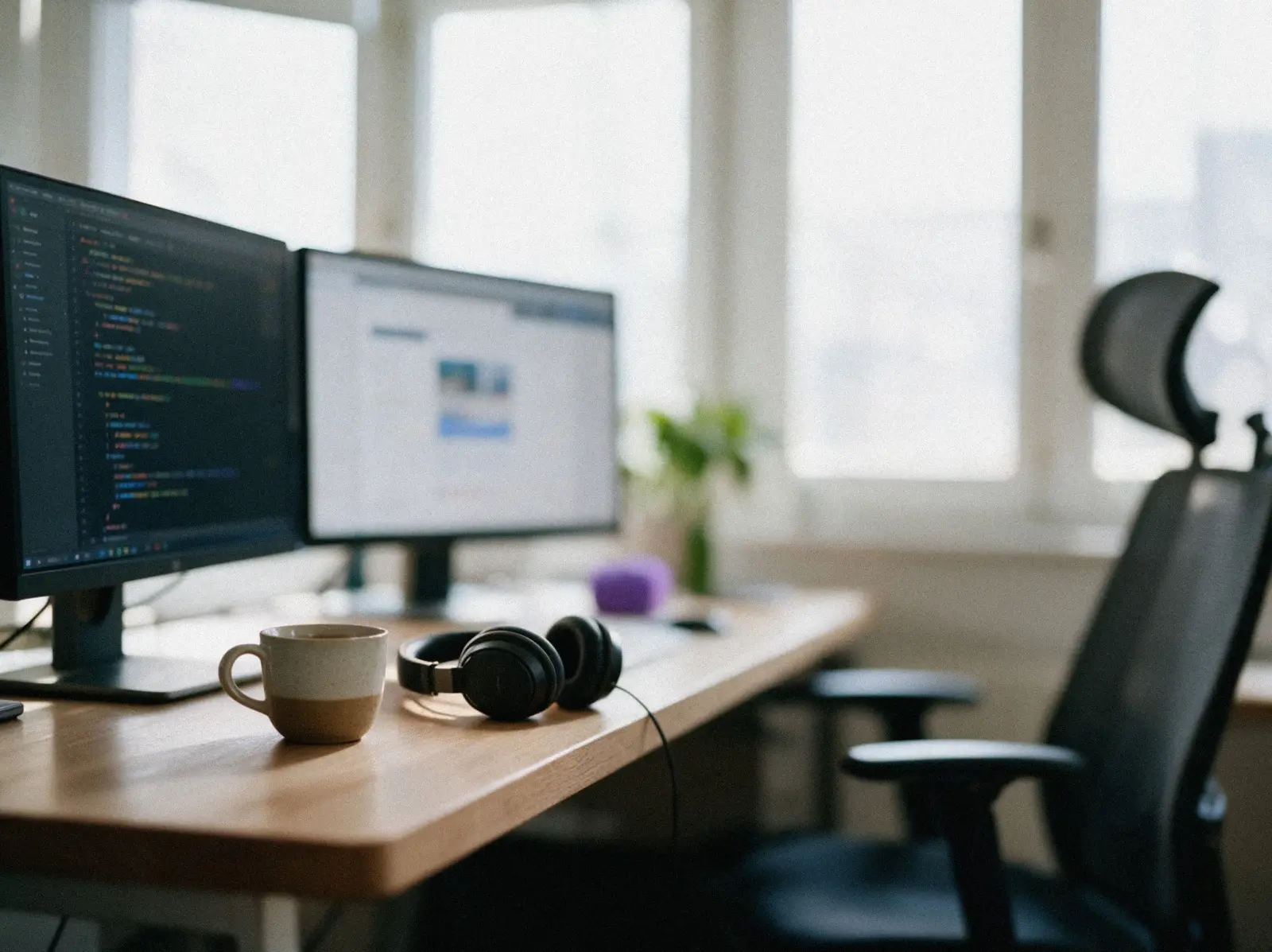 Aufgeräumter Arbeitsplatz am Fenster mit zwei Monitoren, Code und einem Website-Entwurf, daneben Tasse und Kopfhörer