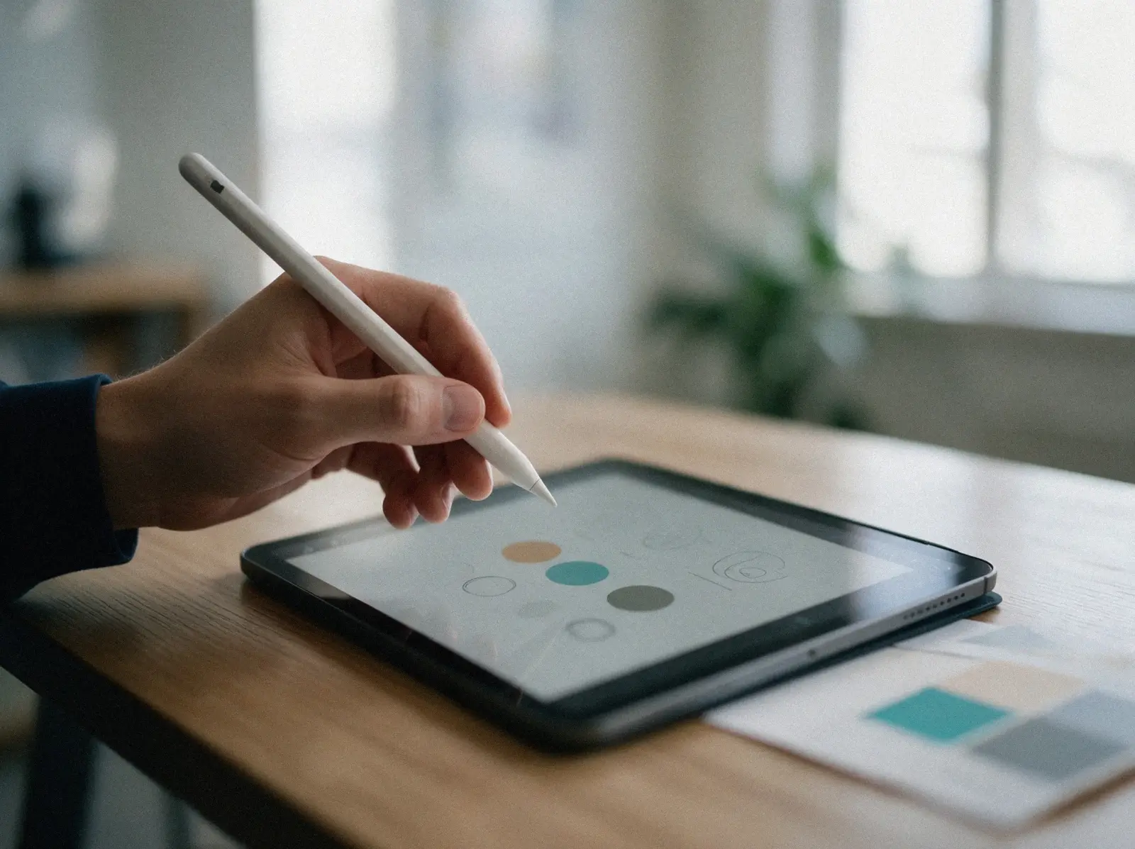 Eine Hand skizziert mit dem Apple Pencil ein Farbsystem auf dem iPad, daneben liegen Farbmuster