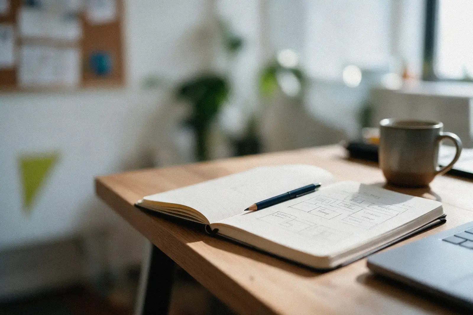 Aufgeschlagenes Notizbuch mit skizzierten Seitenabläufen und einem Stift auf einem Holztisch, daneben eine Tasse und ein Laptop