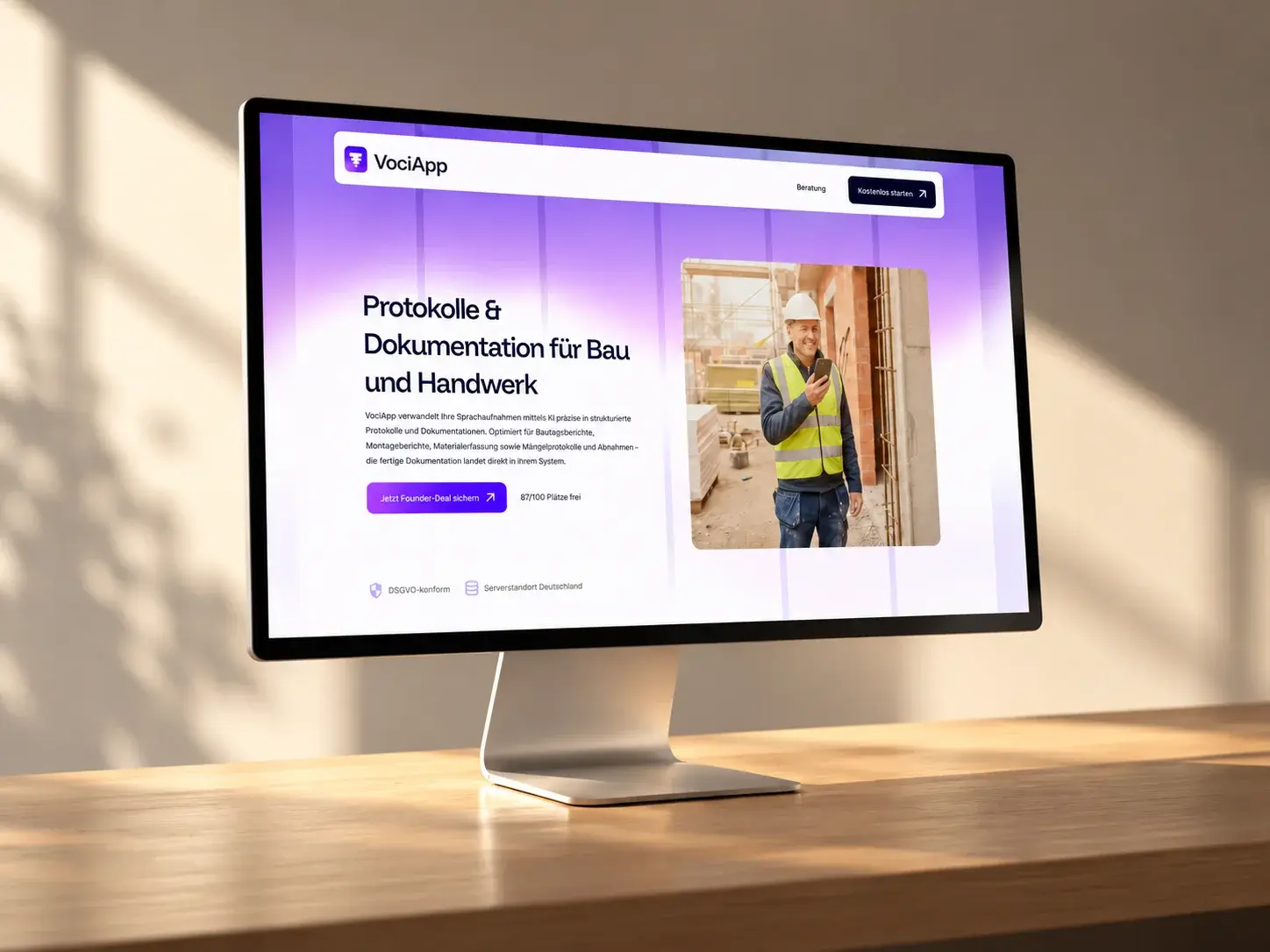 Bildschirm auf einem Holztisch mit der Website von VociApp: „Protokolle & Dokumentation für Bau und Handwerk“