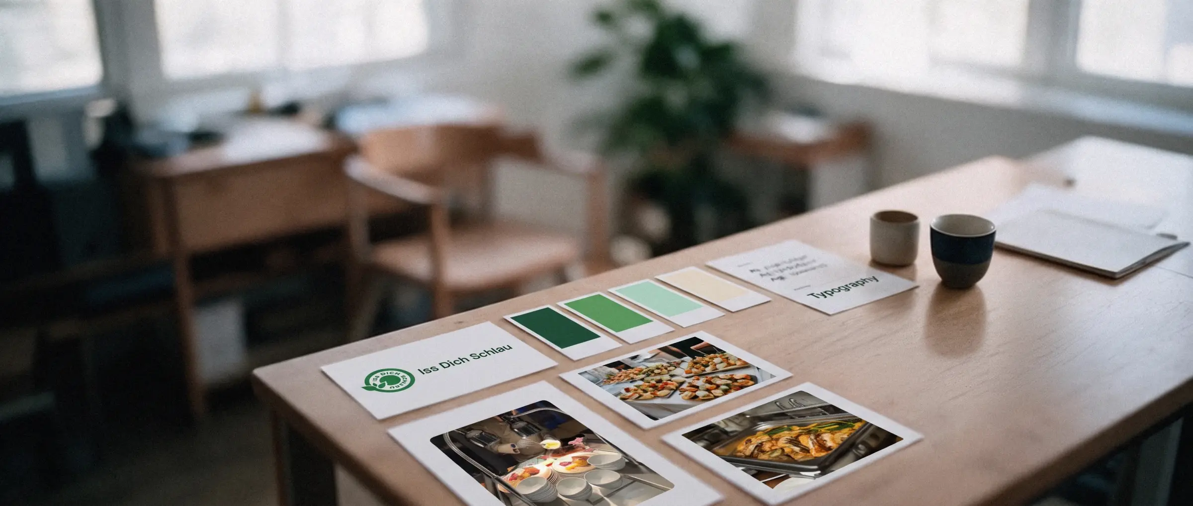 Workshop-Tisch mit dem Branding von Iss Dich Schlau: Logo-Karte, Farbmuster in Grün, Fotos vom Catering und ein Ausdruck der Website
