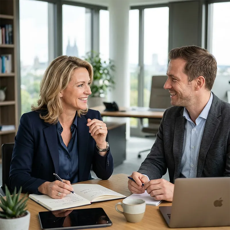 Coach und Berater sitzen in Köln zusammen und reden über Finanzen